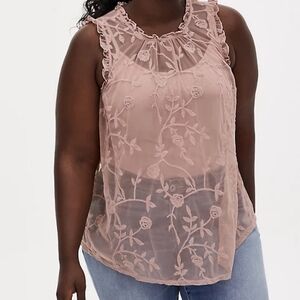 TORRID TAUPE SHEER MESH EMBROIDERED RUFFLE SLEEVELESS TOP